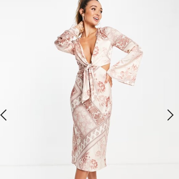 ASOS Tie-Front Satin Midi Dress in Blush Floral - Picture 1 of 10
